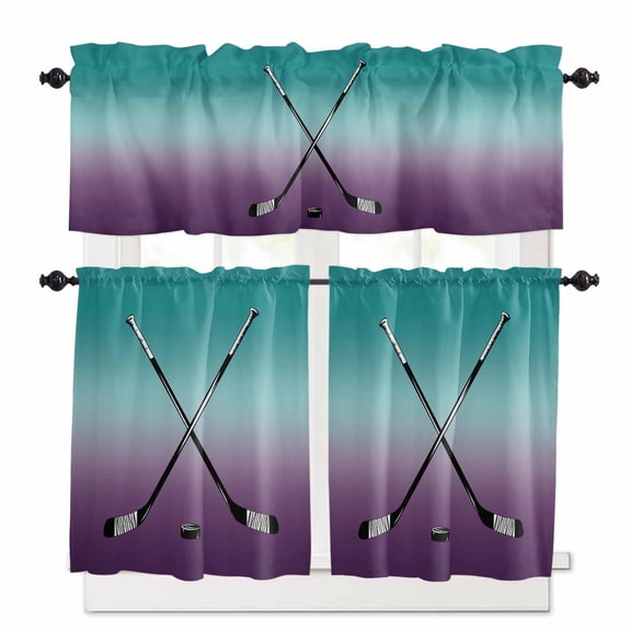Ice Hockey Kitchen Curtains Valance and Tier Set Winter Sports Aqua Purple Gradient Rod Pocket Short Curtains for Small Window 3 Pieces Set for Bedroom Bathroom Cafe (54" x 18"+27" x 36")