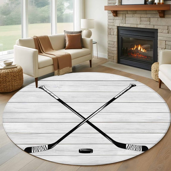 Ice Hockey Large Round Rug 8 FT, Non Slip Living Room Area Carpet, Farmhouse Rustic Ball Sport Game Wooden Grain Washable Soft Circle Rug Non-Shedding Floor Carpet for Bedroom Office Dining Room