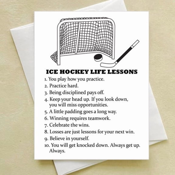 Ice Hockey Life Lessons Greeting Card for Players and Coaches, Inspirational Sports Note with Minimalist Hockey Net Illustration, Motivational Hockey Gift Card