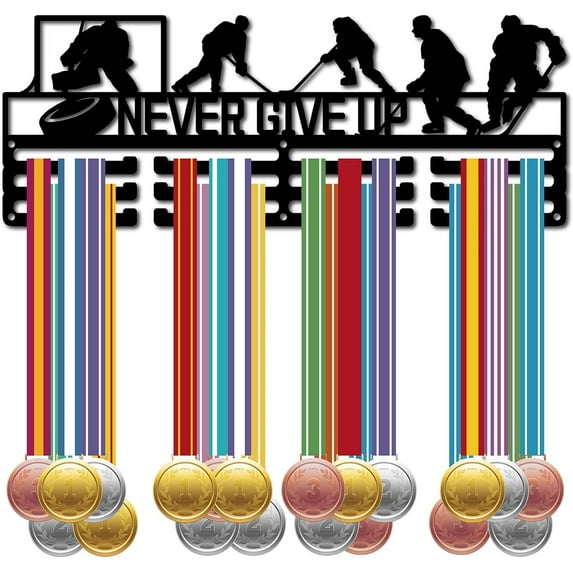 Ice Hockey Medal Holder Display Hanger Rack Medal Wall Mount Frame Shelf Sports Medals Hanger Black Wall Decor Medal Organizer Rack for Success Celebration Ribbon 15.7 x 6Inch-NEVER GIVE UP