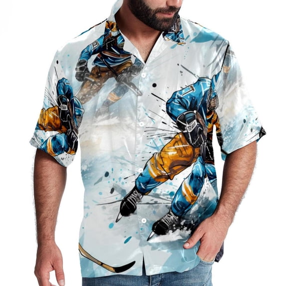Ice Hockey Men's Short Sleeve Beach Shirts, Casual Poplin Button Down Shirt, Summer Casual Printed Unisex Shirts