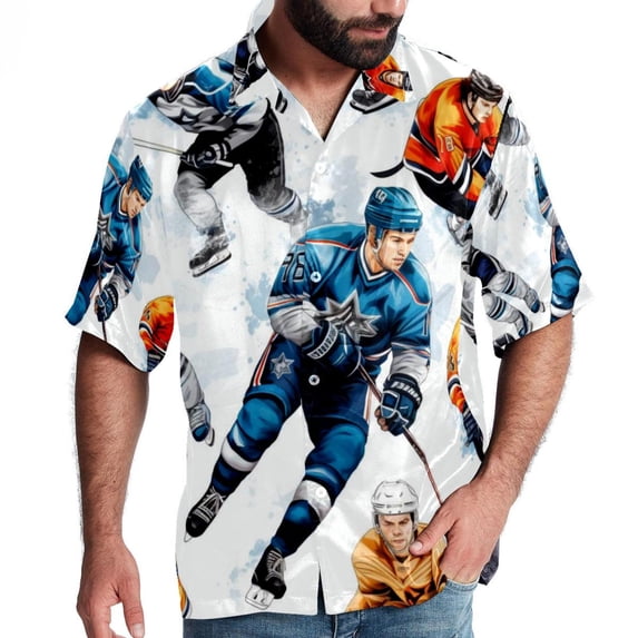 Ice Hockey Men's Short Sleeve Beach Shirts, Casual Printed Poplin Button Down, Unisex Summer Hawaiian Shirt