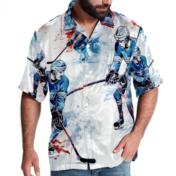 Ice Hockey Men's Short Sleeve Poplin Button Down Hawaiian Printed Summer Beach Shirt, Unisex