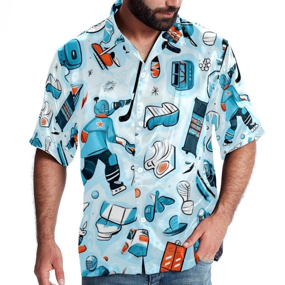 Ice Hockey Men's Short Sleeve Poplin Shirt with Spread Collar Tops, Casual Printed Button Down, Summer Beach Shirt for Men - Unisex, Stylish Men's Shirts