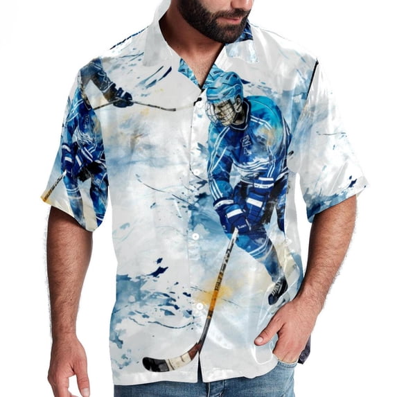 Ice Hockey Men's Short Sleeve Poplin Shirts with Spread Collar Tops, Casual Printed Button Down Short Summer Beach Shirts for Men and Women