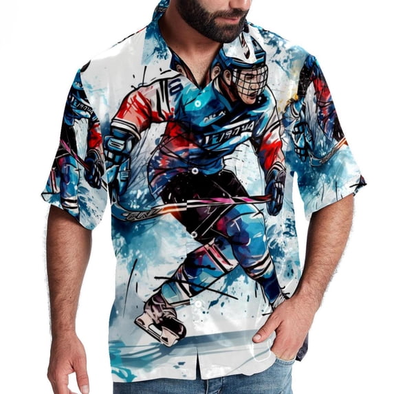 Ice Hockey Men's Short Sleeve Printed Button Down Beach, Casual, Poplin Shirts for Summer Vacation