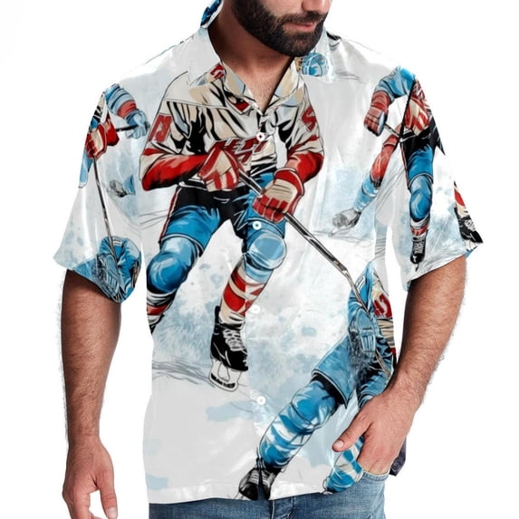 Ice Hockey Men's Short Sleeve Spread Collar Hawaiian Shirts, Casual Printed Button Down Summer Beach Tops, Unisex Men's Shirts