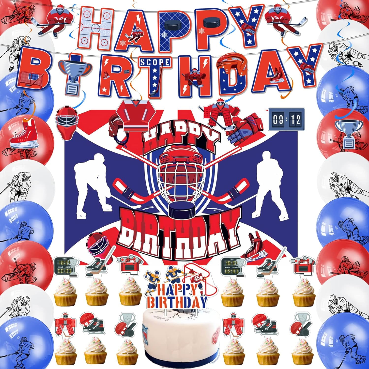 Ice Hockey Party Supplies HAPPY BIRTHDAY Banner, Balloons, Cake