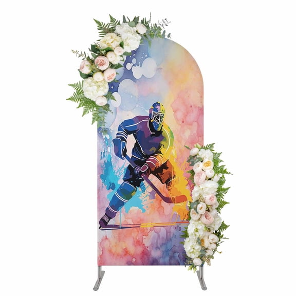 Ice Hockey Players Arch Backdrop Cover 5FT, Sports Watercolor Ombre Abstract Art Spandex Fitted Stretchy Arch Stand Covers, Round Top Chiara Backdrop Cover for Wedding Party Birthday Baby Shower