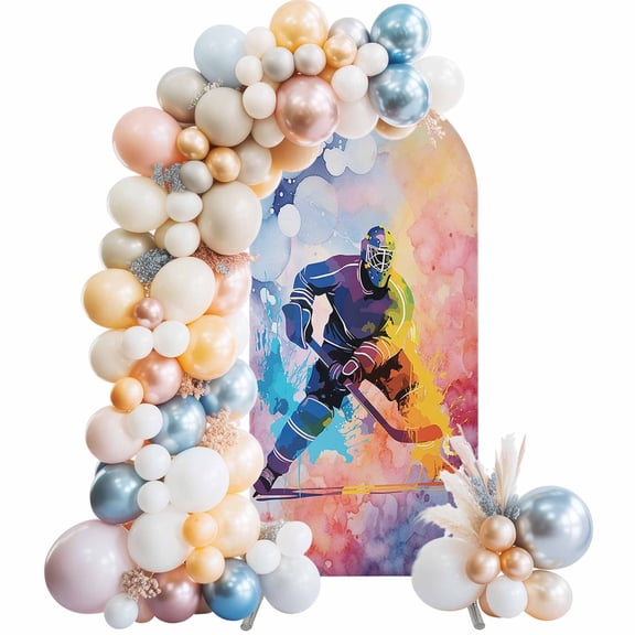 Ice Hockey Players Arch Backdrop Cover, Spandex Fitted Wedding Arch Cover, Sports Watercolor Ombre Abstract Art Round Top Stand Covers for Birthday Ceremony Bridal Shower Party Decor 4x1.65 Ft