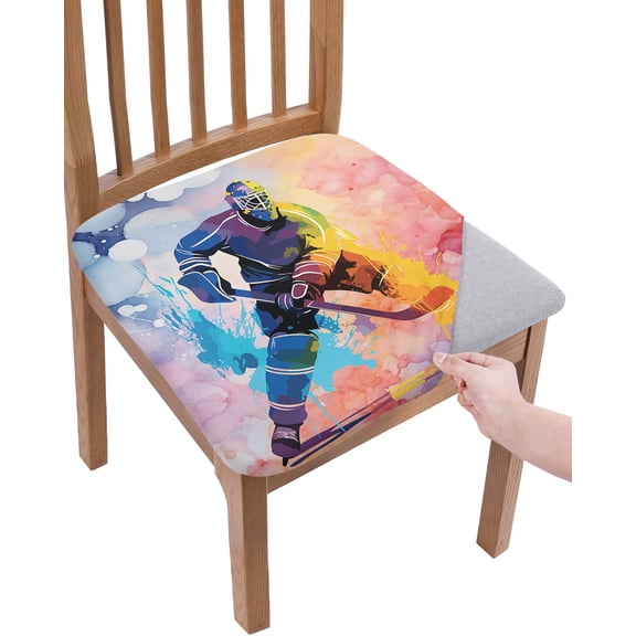Ice Hockey Players Chair Seat Covers for Dining Room Stretch Chair Seat Covers Set of 2, Sports Watercolor Ombre Abstract Art Chair Seat Protector Cushion Slipcovers for Kitchen Restaurant Office