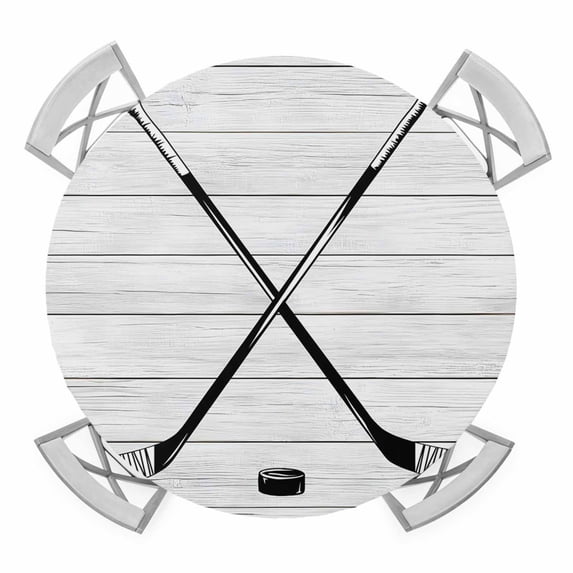 Ice Hockey Round Tablecloth for 36-44 Inch Tables,Fitted Table Cover with Elastic Edge,Farmhouse Rustic Ball Sport Game Wooden Grain Waterproof Outdoor Table Cloth Protector for Patio Garden Dinner