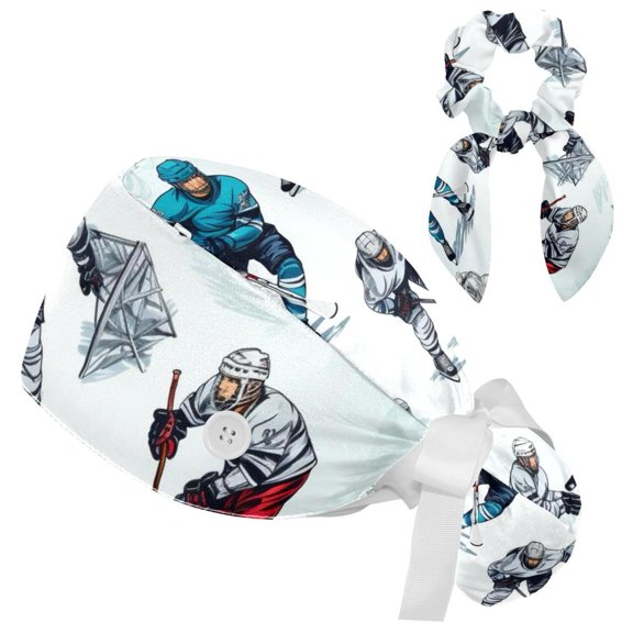 Ice Hockey Scrub Cap with Matching Scrunchy and Bow Hair Matching Scrunchy for Long Hair, Adjustable Working Hat Ponytail Hat for Women