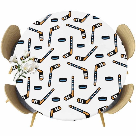 Ice Hockey Sport Round Tablecloth 45-54 Inch Round Fitted Table Cloth with Elastic Edge, Cartoon Classic Hockey Pattern Waterproof Table Cover Protector for Outdoor Picnic Party Dining