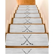Ice Hockey Stair Treads Non Slip Runners Rugs, 4 Pcs Carpet for Stairs with Adhesive, Farmhouse Rustic Ball Sport Game Wooden Grain Stair Mats Pads Indoor Stair Treads for Wooden Steps 8x30