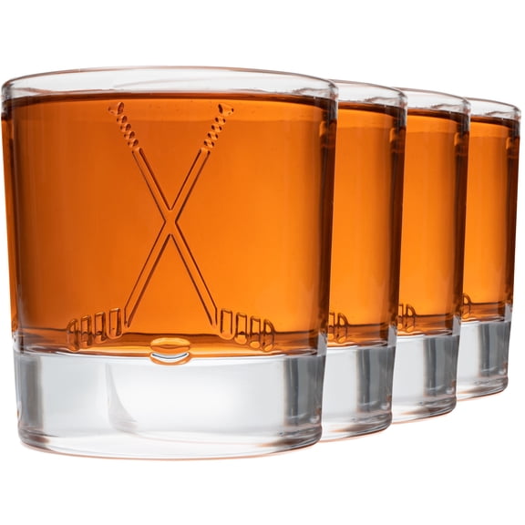 Ice Hockey Stick Whiskey Glass Set of 4. Unique Gift for Men, Home Bar Gifts, Glassware Decorations Accessories, Bar Tumbler. Crystal. 11 oz