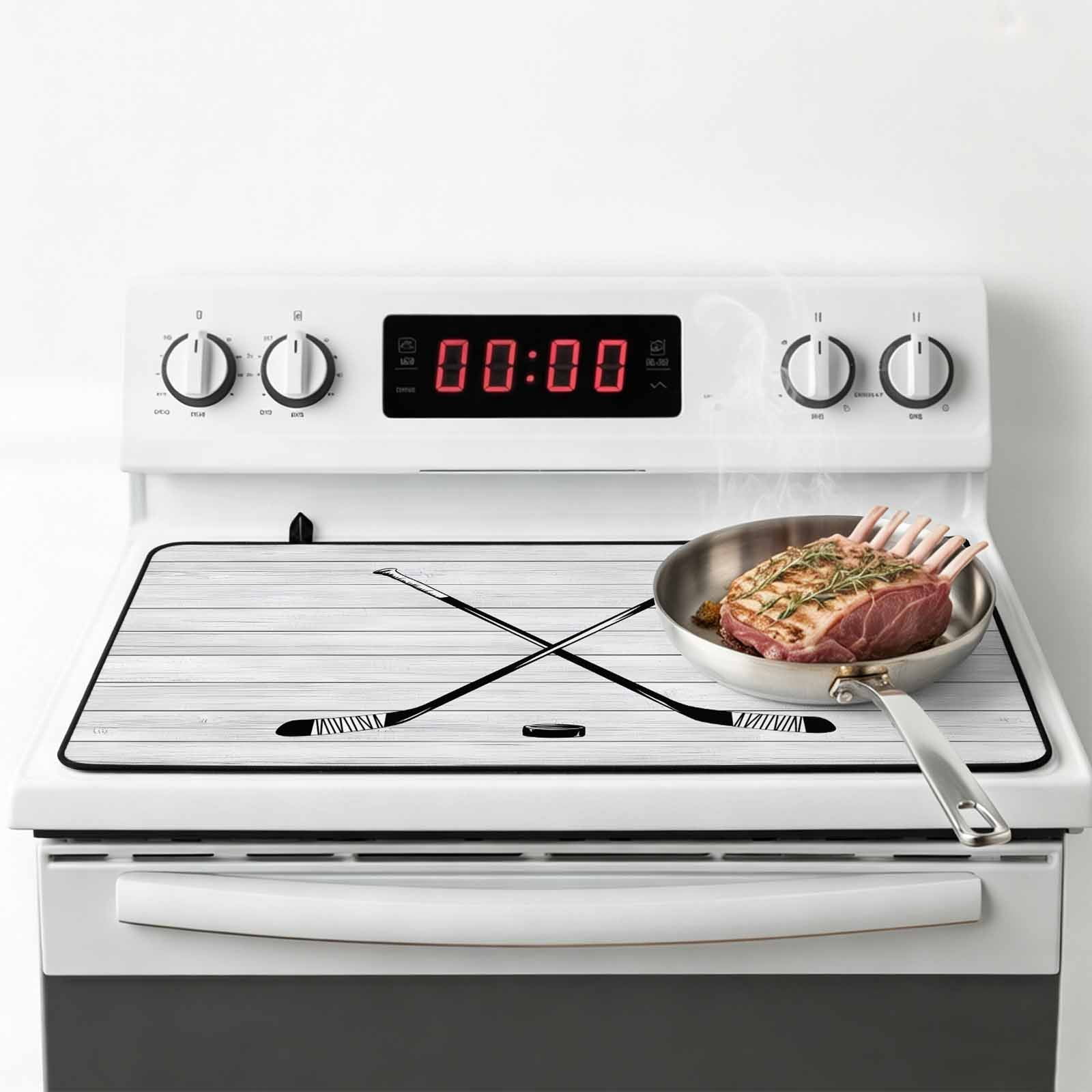 Ice Hockey Stove Top Cover for Electric Stove, Heat-proof & Non Slip Glass Top Stove Cover Protector, Farmhouse Rustic Ball Sport Game Wooden Grain Kitchen Flat Cooktop Rubber Mat 36x21 Inches