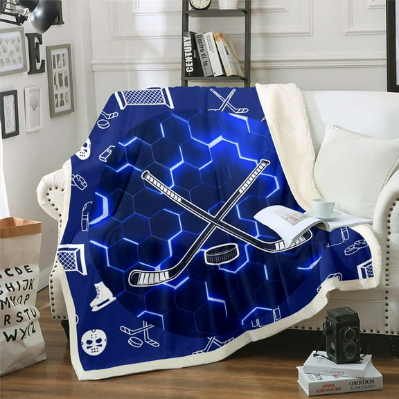 Ice Hockey Throw Blanket For Couc 40"X50" Blue Neon Honeycomb Hockey Fleece Blanket Men,Sports Hockey Stick Mask Puck Sherpa Blanket Geometric Hexagon Fuzzy Blanket Warm Cozy