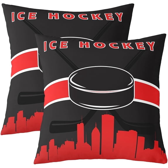 Ice Hockey Throw Pillow Covers Pack of 2 Kids Sports Event Pillow Covers 18x18 Inch Hockey Player Cushion Covers Room Decor Winter Sports Hockey Puck Decorative Pillow Covers, Red Black