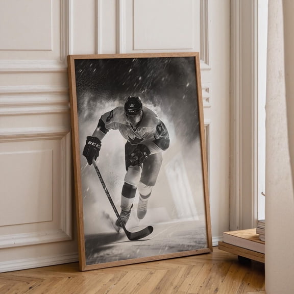 Ice Hockey Wall Art Dramatic Sports Monochrome Hockey Player Artwork Boys Bedroom Decor Modern Game Room Wall Art, Unframed Poster