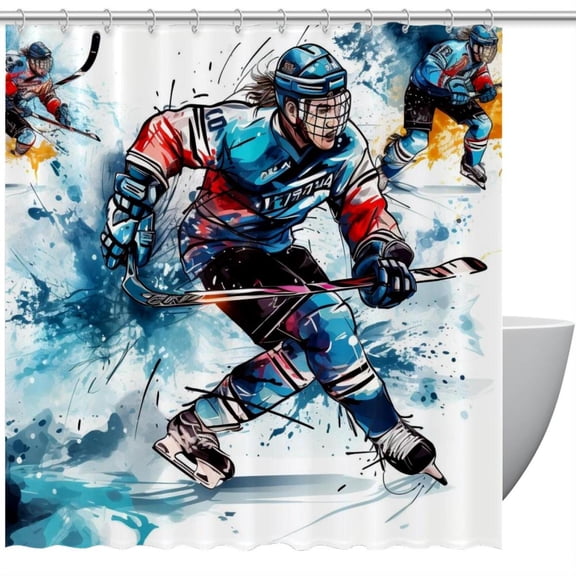 Ice Hockey Waterproof Bathroom Curtain Set with Hooks - Printed Shower Curtains for Bathroom Decoration