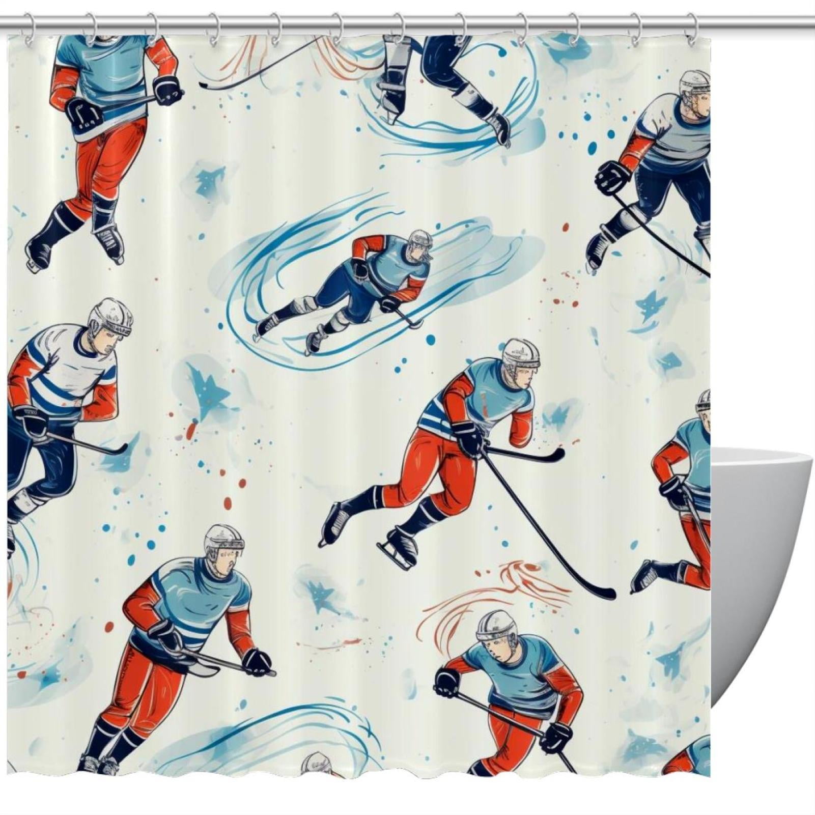 Ice Hockey Waterproof Shower Curtain Set with Hooks Printed Bathroom
