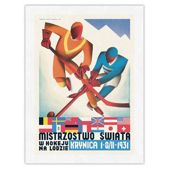 Ice Hockey World Championship (Mistrzostwa Świata) - Krynica Poland - Vintage Sports Poster by Stefan Osiecki c.1930 - Japanese Unryu Rice Paper Art Print (Unframed) 12 x 16 in