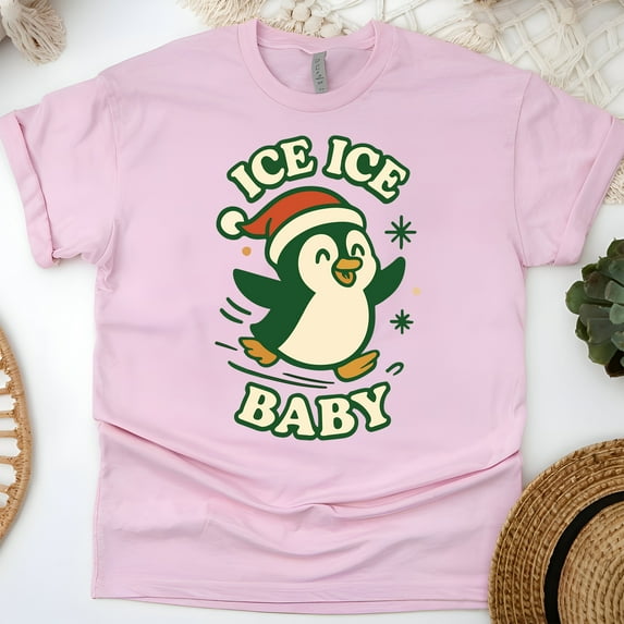 Ice Ice Baby Shirt | Funny Penguin Skating Graphic Tee | Unisex Casual T-Shirt, Light Pink, Size S