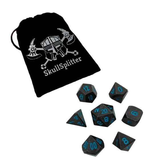 Ice King's Revenge | Gunmetal Gray with Blue Numbers Metal Dice (7 Die in Pack) -