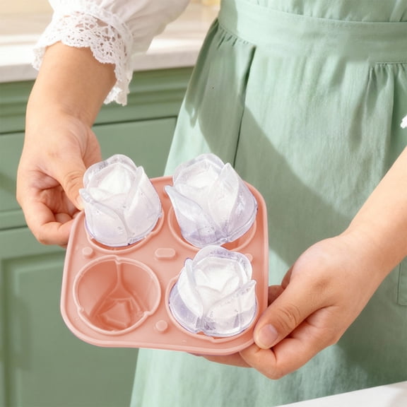 Ice Lump Tray Mold,3D Flower Shape Ice Lump Trays,Silicone Material for Reusable Easy Release,4-Hole Mold for Home Freezing Prep,Cold Dessert Preparation,Pink