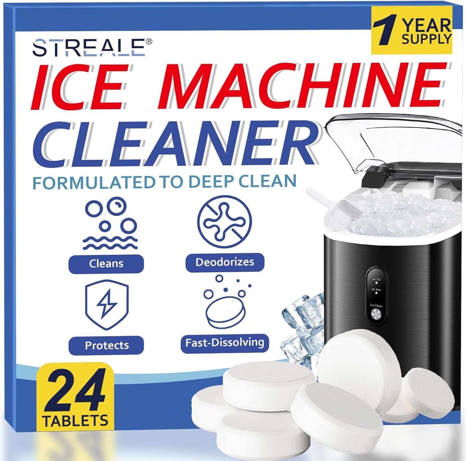 Ice Machine Cleaner Maker and Descaler - 24 Tablets Compatible with All Major Brands, Nickel Safe Countertop Portable Commercial Icemaker Cleaning Solution