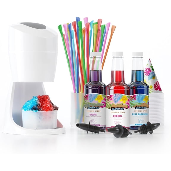 Ice Machine Kit - 3 Flavors, 25 Cups, Straws, Pourers, Ice Molds
