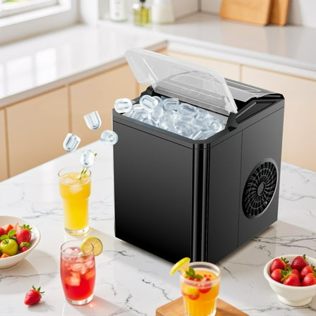 Ice Maker, 9 Cubes in 6 Mins, 26lbs/24Hrs, Portable Countertop Icemaker, Self Cleaning Quiet 2 Sizes, with Ice Scoop, for Home/Kitchen/Camping/RV, Black