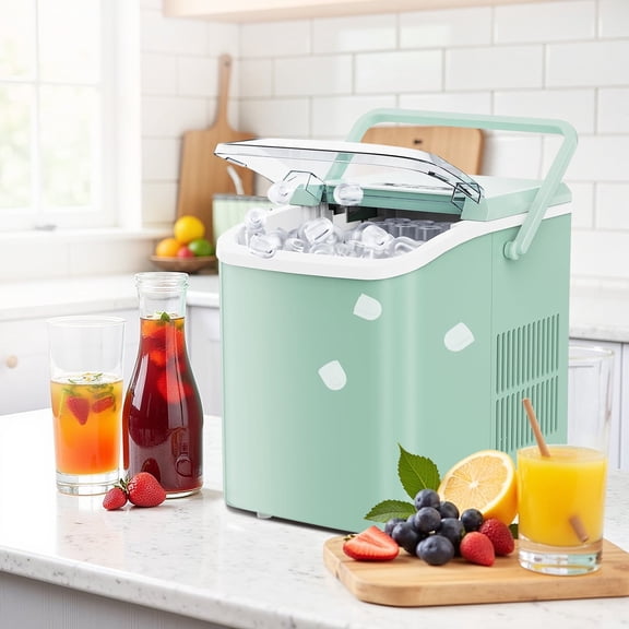 Ice Maker, 9 Cubes in 6 Mins, 26lbs/24Hrs, Portable Countertop Icemaker, Self Cleaning Quiet 2 Sizes, with Ice Scoop, for Home/Kitchen/Camping/RV,Green