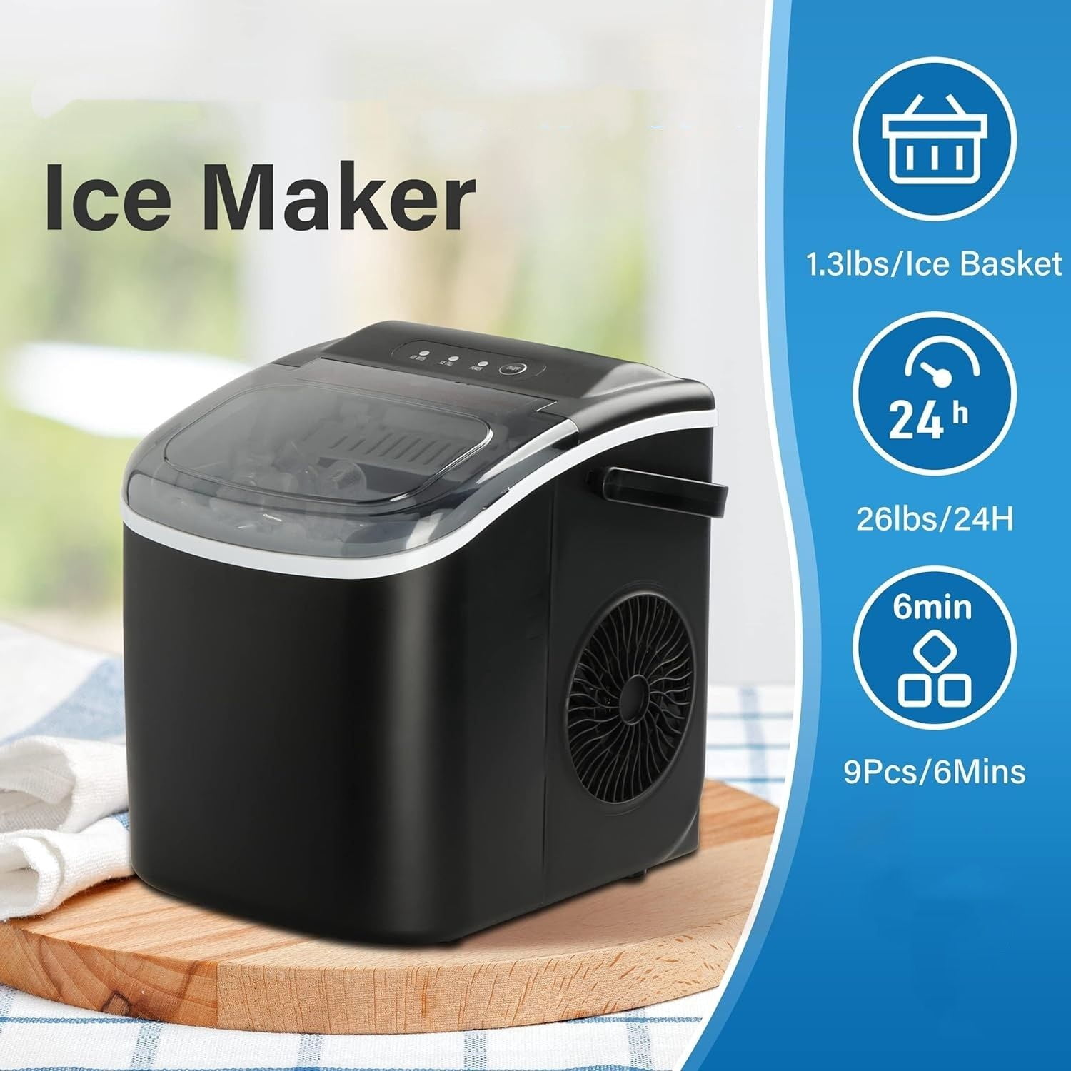 Ice Maker for Countertop, 26lbs Ice/24Hrs, 9 Ice Cubes Ready in 6 Mins, Self-Cleaning Feature, Ice Spoon and Basket Included, for Home, Kitchen, Camping, Party, Black