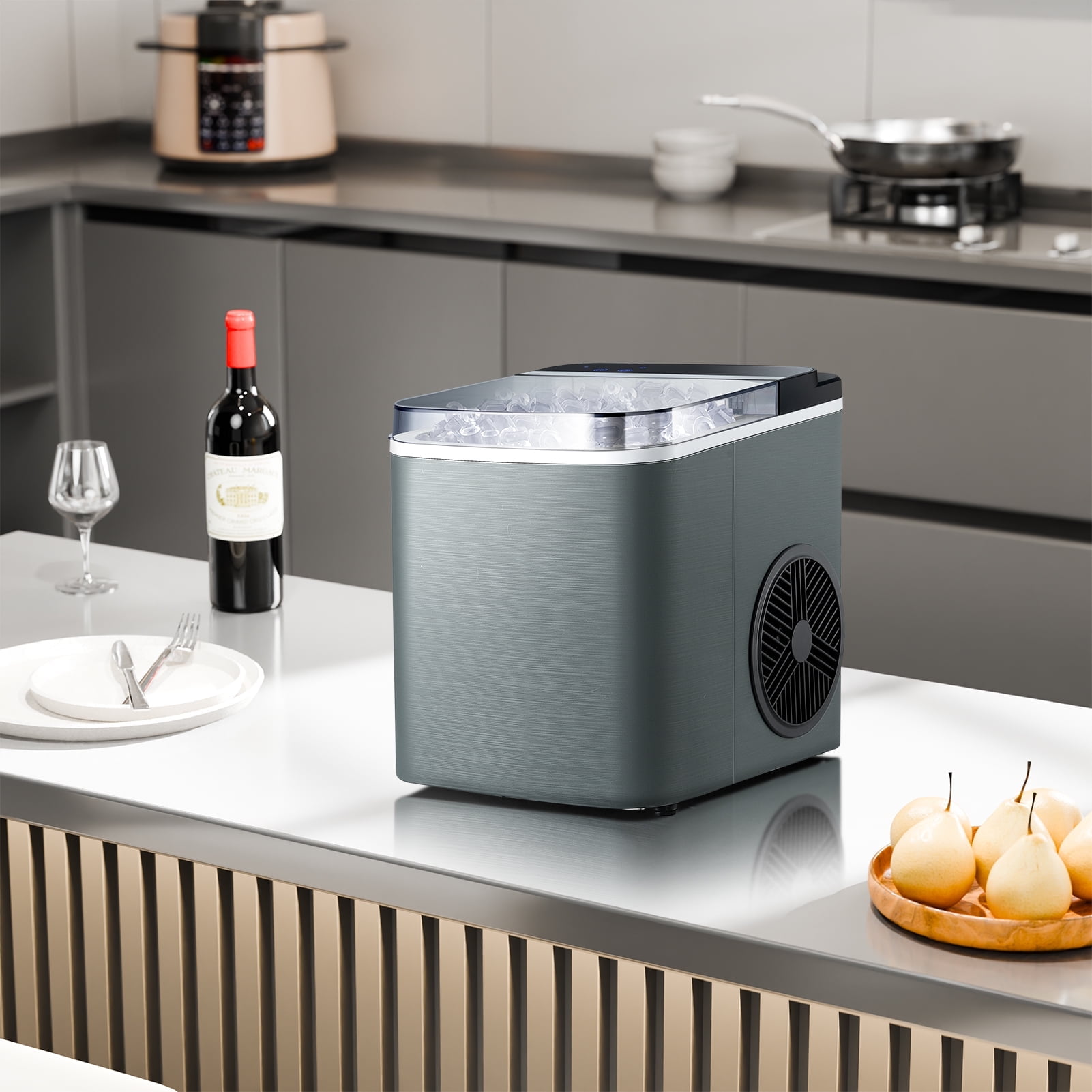 JINJUNYE Ice Maker Countertop 28Lbs/24H, 9 Bullet Shaped Ice in 6 Mins, 15H Timer, Self-Cleaning, Portable, Adjustable Size, Stainless Steel