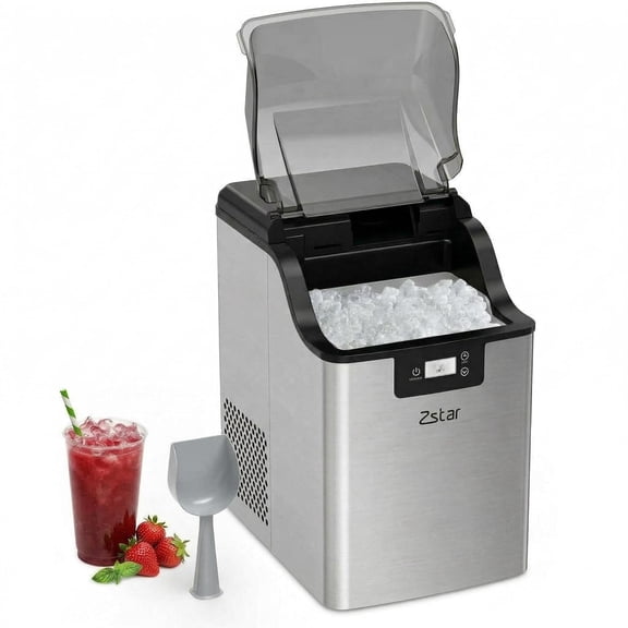 Ice Maker Countertop, 44Lbs Per Day Pebble Ice Machine, Stainless Steel Self-Cleaning Sonic Ice Maker with Handle, 24H Timer, Scoop & Basket for RV Camping Home Kitchen, Silver