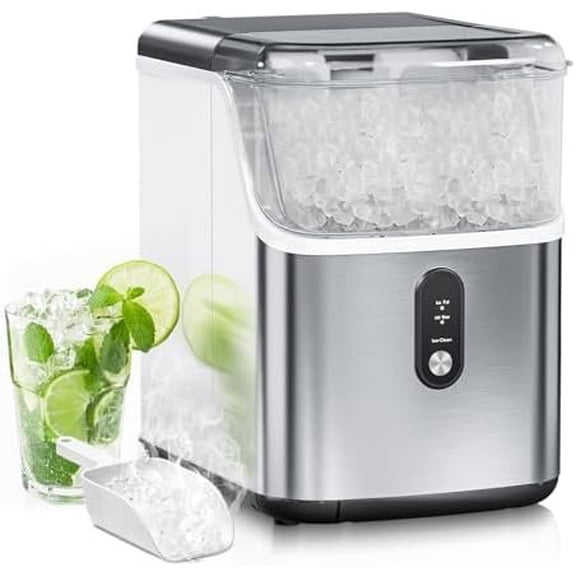 Ice Maker Countertop, 6min/Cycle, 33lbs/24H Soft Chewable Ice, Nugget Ice Maker with Basket & Scoop, -Click , Self-Cleaning, Portable Ice Machine for /Kitchen/Office ()