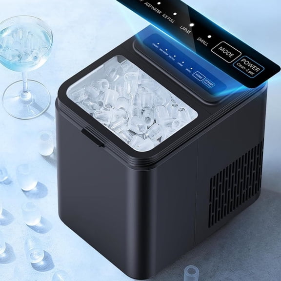 Ice Maker Countertop, 8 Ice Cubes in 6 Mins, 26.5 lbs/24H, 2 Bullet Ice Sizes, Self-Cleaning Bullet Ice Maker, Portable Ice Machine for Kitchen, Party, Office, and RV Camping