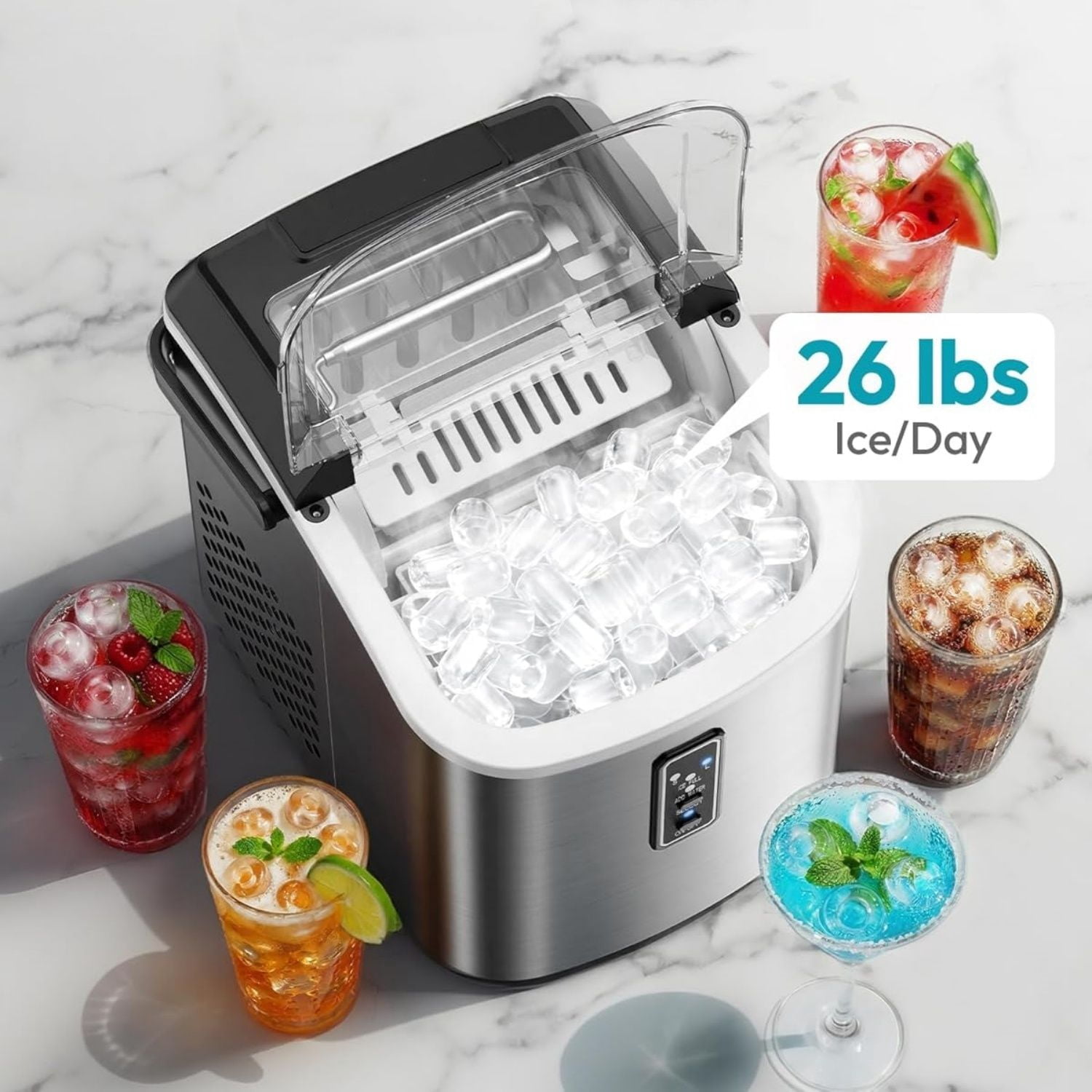 Ice Maker Countertop, 9 Cubes Ready in 6 Mins, 26lbs/24H, Self-Cleaning, Portable Ice Maker Machine with Carry Handle, Basket and Scoop, for Home, Kitchen, Office