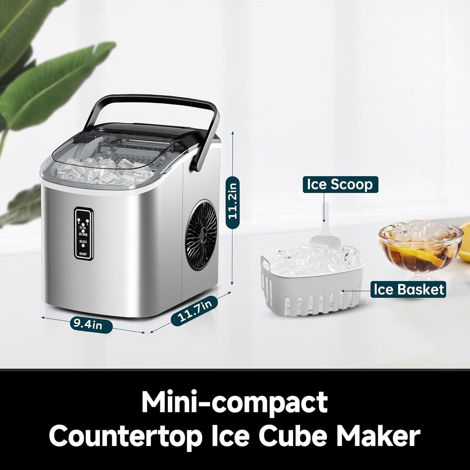 Ice Maker Countertop with Carry Handle, 9 Cubes Ready in 6 Mins, 26.5lbs/24H, Self-Cleaning, 2 Sizes of Bullet Ice with Basket and Scoop, Portable Ice Maker Machine for Home, Kitchen, Office