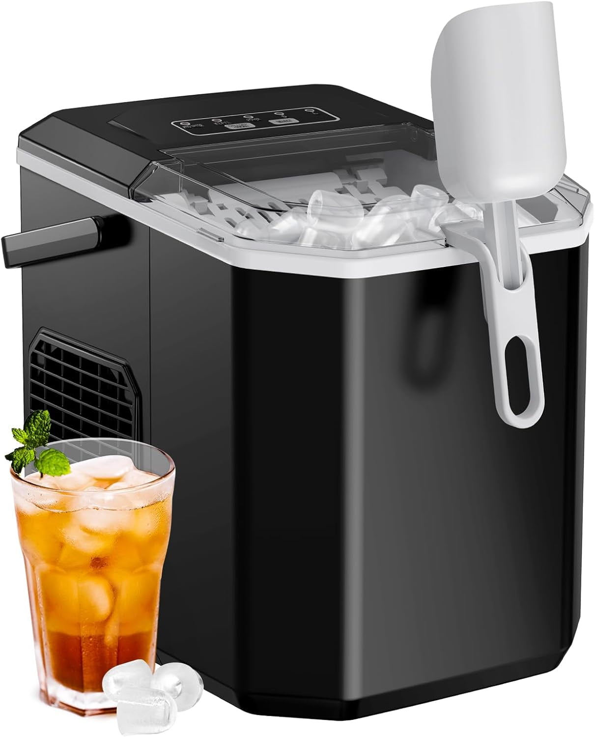 Ice Maker Countertop Machine with Handle, 26lbs in 24h, 9 Ice Cubes Ready in 6 Mins, Self-Cleaning Ice Makers with Basket and Scoop, Ideal for Home, Kitchen, Camping, RV
