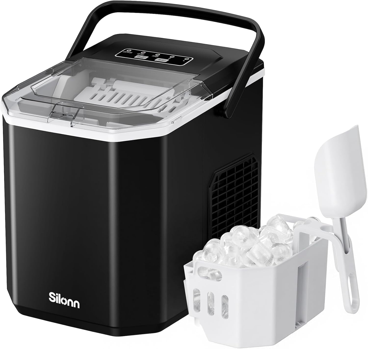Ice Maker Countertop Machine with Handle, 26lbs in 24h, 9 Ice Cubes Ready in 6 Mins, Self-Cleaning Ice Makers with Basket and Scoop, Ideal for Home, Kitchen, Camping, RV