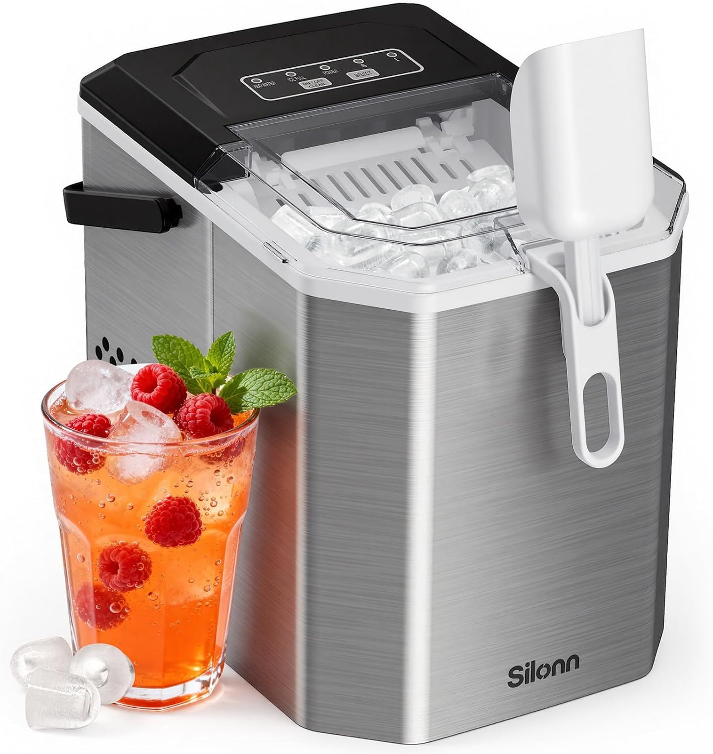 Ice Maker Countertop Machine with Handle, 26lbs in 24h, 9 Ice Cubes Ready in 6 Mins, Self-Cleaning Ice Makers with Basket and Scoop, Ideal for Home, Kitchen, Camping, RV