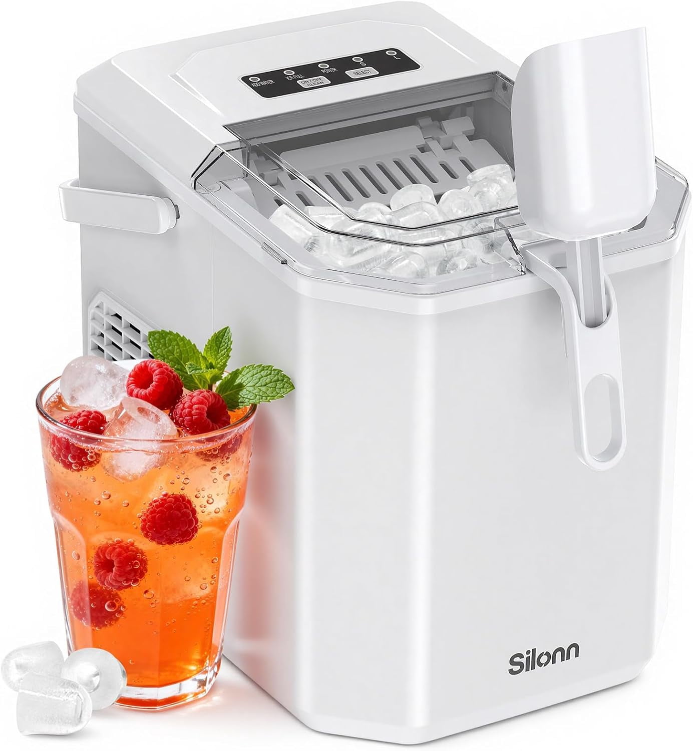 Ice Maker Countertop Machine with Handle, 26lbs in 24h, 9 Ice Cubes Ready in 6 Mins, Self-Cleaning Ice Makers with Basket and Scoop, Ideal for Home, Kitchen, Camping, RV