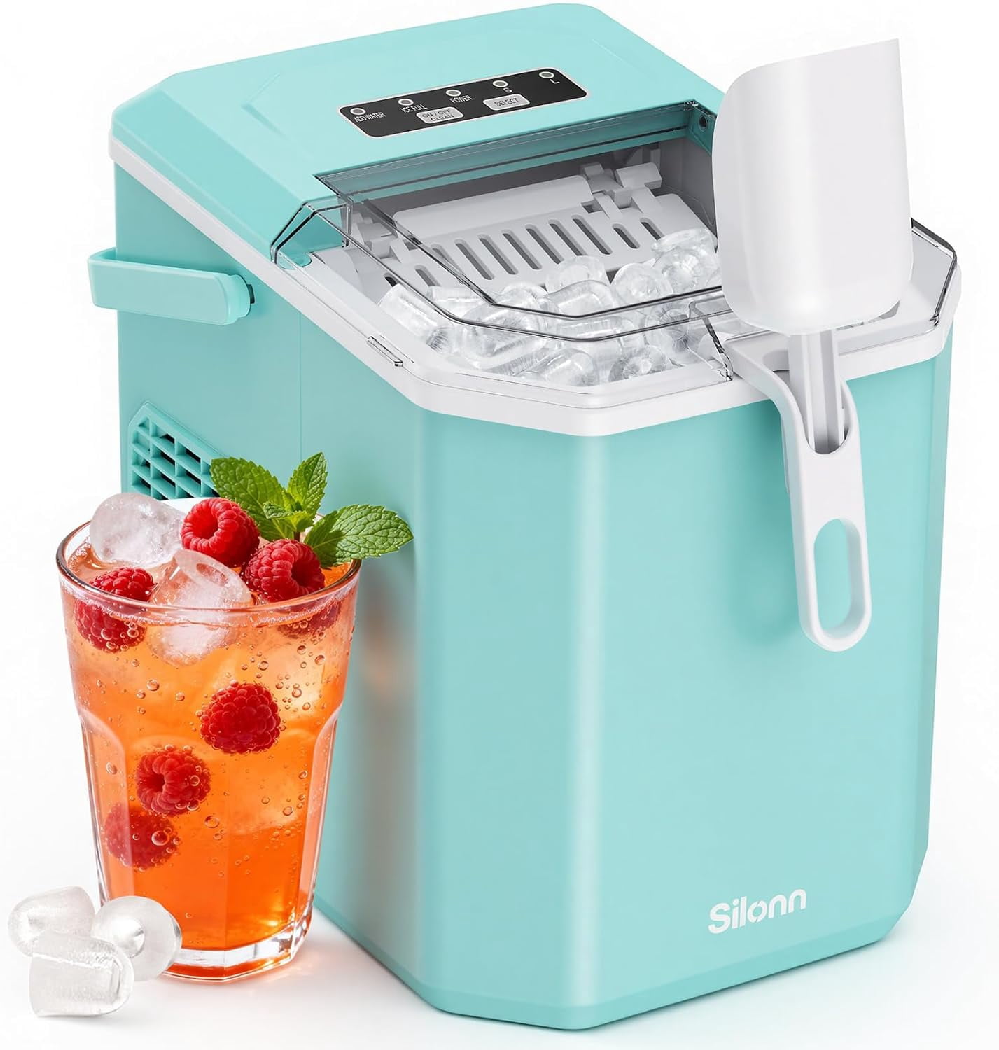 Ice Maker Countertop Machine with Handle, 26lbs in 24h, 9 Ice Cubes Ready in 6 Mins, Self-Cleaning Ice Makers with Basket and Scoop, Ideal for Home, Kitchen, Camping, RV
