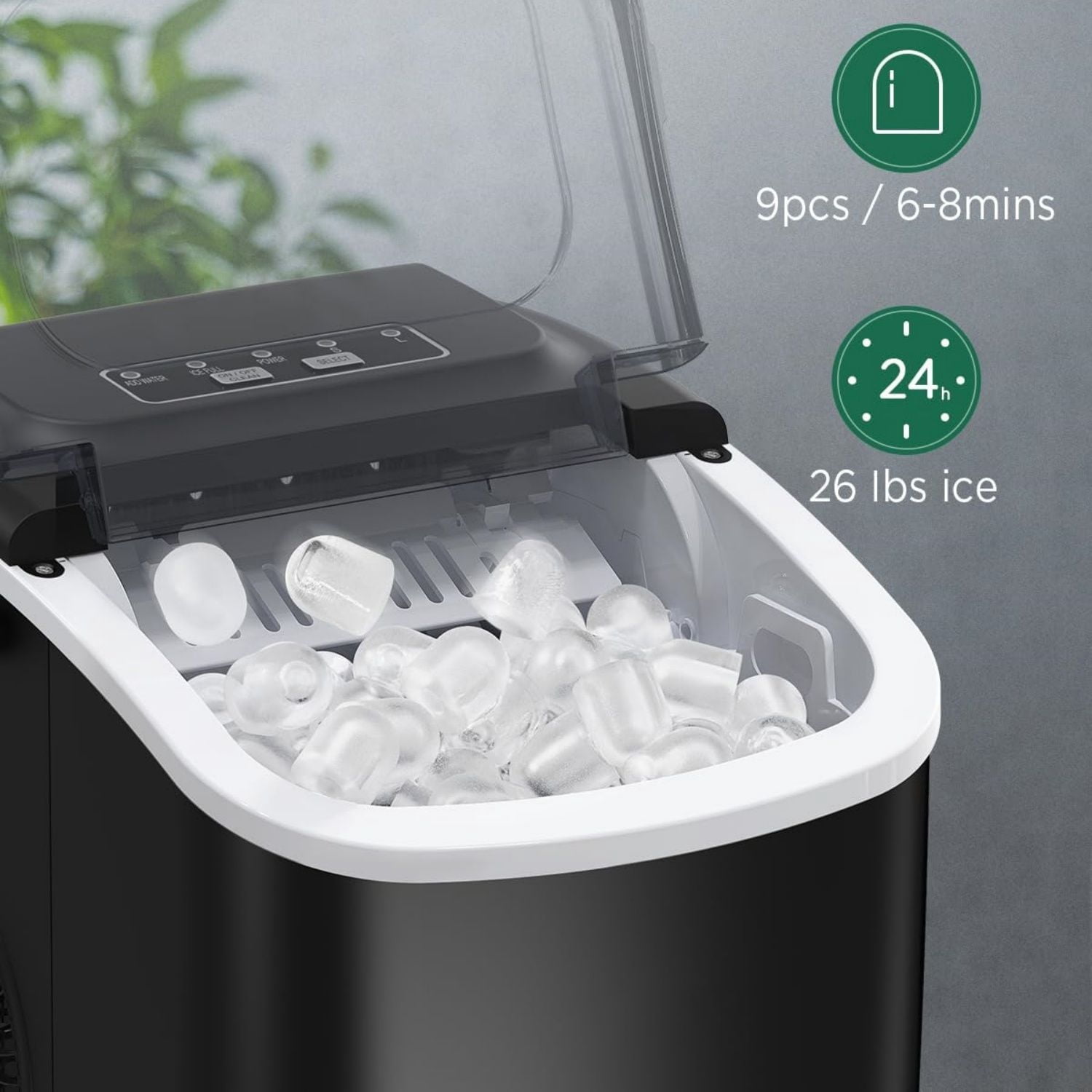 Ice Maker Countertop, Portable Ice Machine Ready in 6 Minutes with 9 Cubes 26LBS in 24H, Self-Cleaning with Ice Scoop and Basket, Two Sizes of Bullet Ice for Home Kitchen Office, Bar and Parties