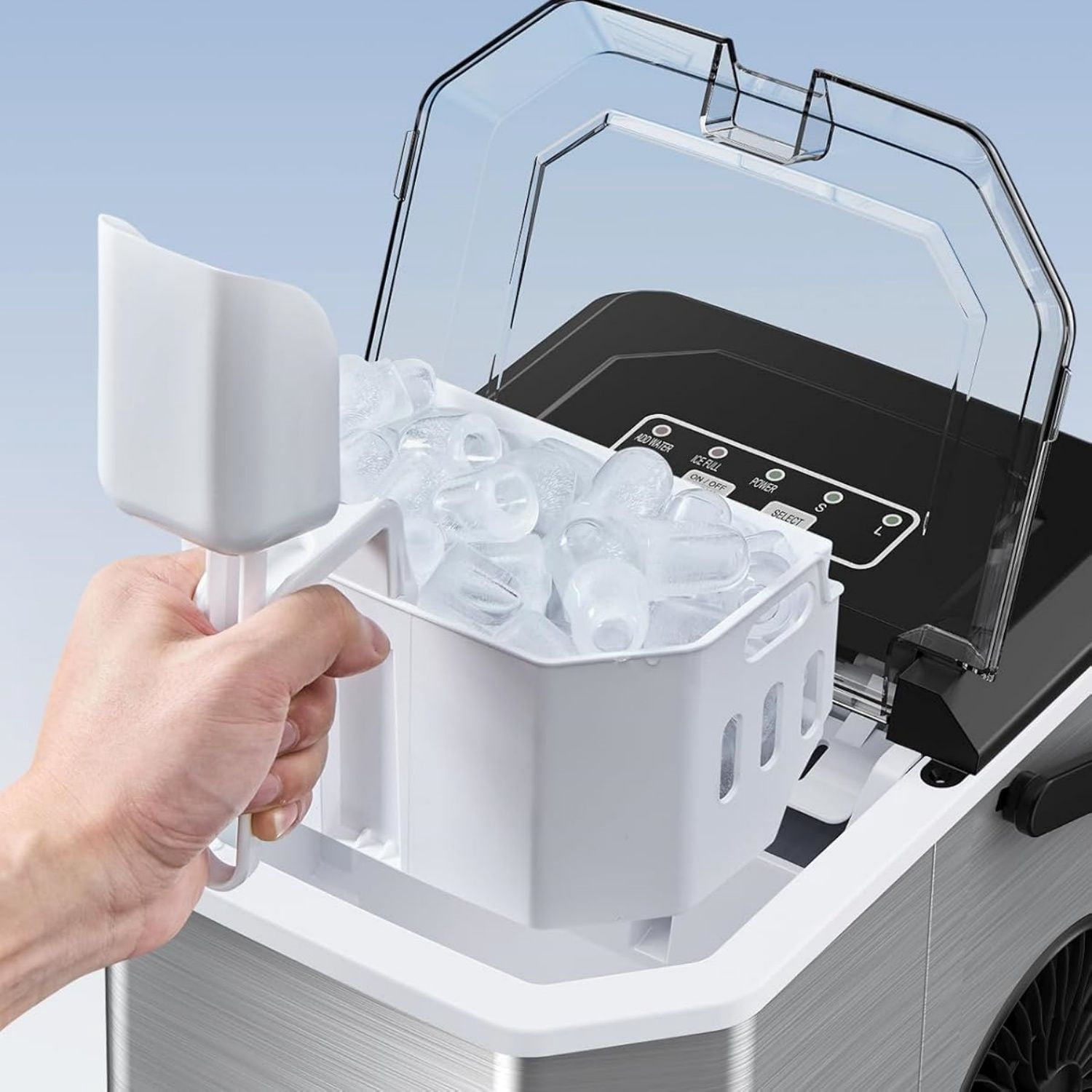 Ice Maker Countertop, Stainless Steel Portable Ice Machine with Carry Handle, Self-Cleaning Ice Makers with Basket and Scoop, 9 Cubes in 6 Mins, 26 lbs per Day