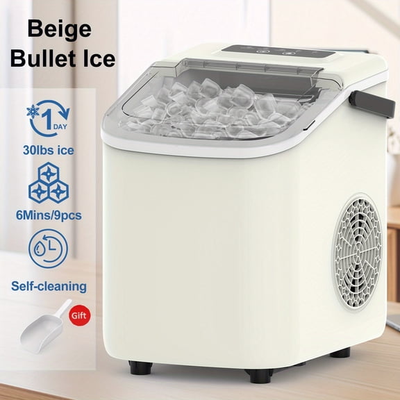 Ice Maker With A Handle On The Countertop. It Can Make 9 Bullet-shaped Ice Cubes In 6 Minutes, With A 24-hour Ice-making Capacity Of 26 Pounds. It Is Equipped With An Automatic Cleaning Function