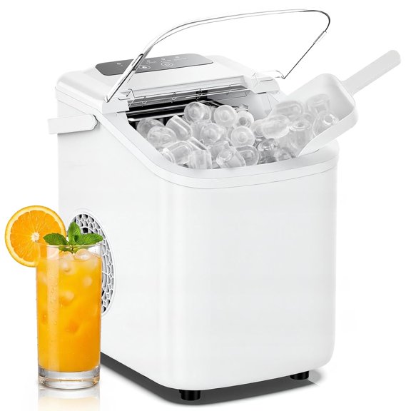 Ice Maker , Ice Machine with Portable Handle, Basket and Scoop, Bullet Cubes in Mins, Auto-Cleaning for Home, Kitchen, Office, Outdoors, RV Camping
